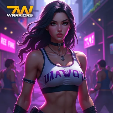 CREATE A BANNER WITH A LOGO FOR FREE FIRE, with the name +7W WARRIORS, WITH A PHOTO OF A FREE FIRE FEMALE CHARACTER , WITHOUT THE NAME FREE FIRE APPEARING , I NEED IT TO BE WRITTEN +7W WARRIORS , PULLING MORE TOWARDS THE REALISTIC SIDE, WORKING MORE WITH C...