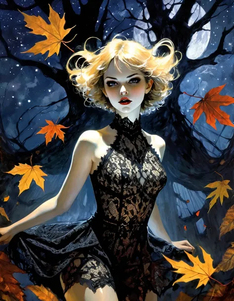 a girl with a giant demonic man, lace dress, party atmosphere, night sky full of stars, magical glowing leaves, dynamic poses, fantasy, autumn leaves, dramatic lighting, eroticism, sexy, black and white image, between shadows, oil painting, chiaroscuro, se...