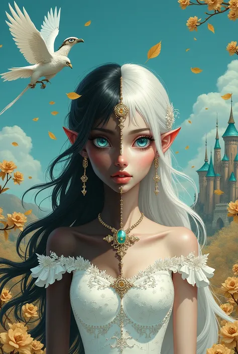 Black skinned princess, with two sides of a face. She has long black hair and clear vibrant blue eyes and on the other side white hair and white eyes. She wears a wedding dress and iron gloves on her hands and in her hair she has a brooch with a peacock fe...