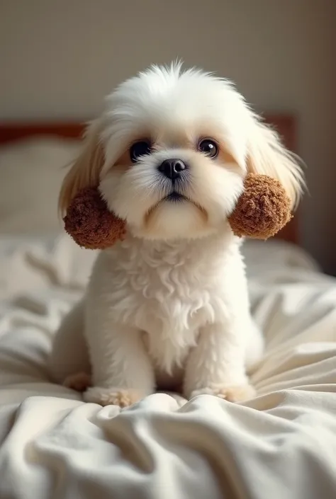 a white shitzu dog on the body, with coffee in the ears and trunk, sitting on a bed.