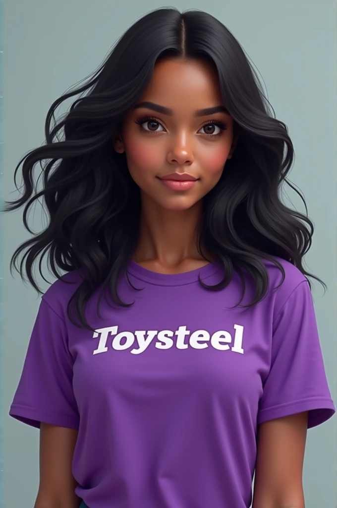 Create a female  with brown skin color and wavy black hair wearing a purple shirt with the words toysteel written on it