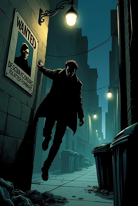 Comic scene：Jack travels through the dark alleys of the city，The light from the street lamp flickers。Jack&#39;s face is hidden in the shadows，The gaze is grim。He clings to the wall，There are dilapidated buildings and messy trash cans all around.。Wanted pos...