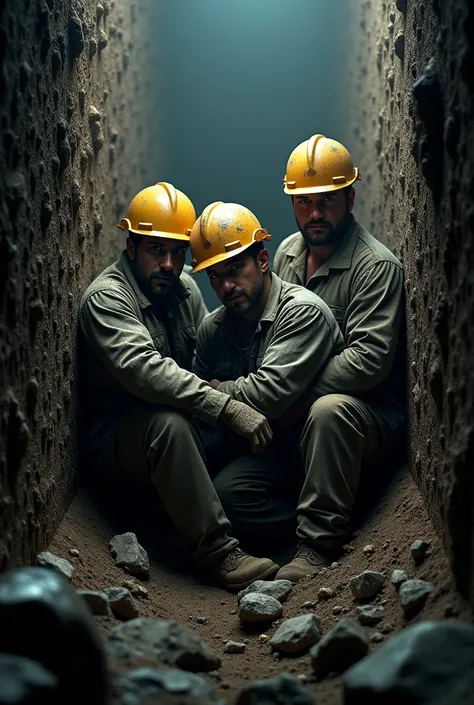 . August 5, 2010, 33 miners trapped 700 meters underground in the San José mine in Chile due to a collapse, depicting the miners inside the dark, narrow mine shaft, wearing mining helmets and gear, with debris scattered around, hyper-realistic, photo reali...