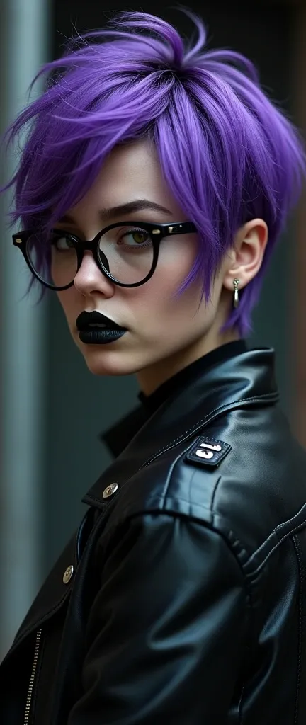 Girl with short purple hair with glasses and black painted lips, with leather jacket