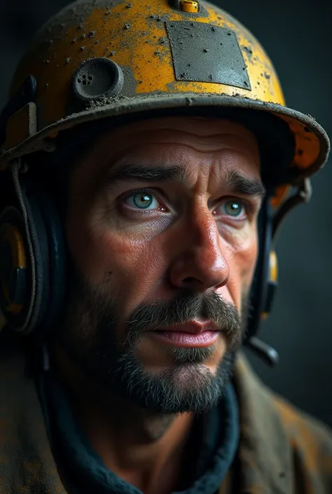 After 17 days without contact, it was confirmed they were alive, showing a close-up of a miner’s face with a hopeful expression, the background dark and claustrophobic, wearing a dusty mining helmet and gear, hyper-realistic, photo realism, cinematography ...