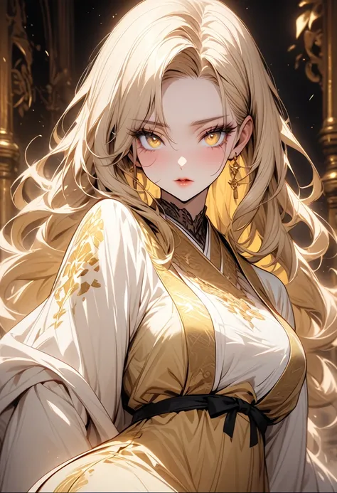 A beautiful lady, with a long golden hanfu, her skin was white and creamy like milk, with a pinkish hue in the sensitive areas that made a beautiful contrast with the golden dress and her full figure, whether it was the hips or the bust, were succulent for...