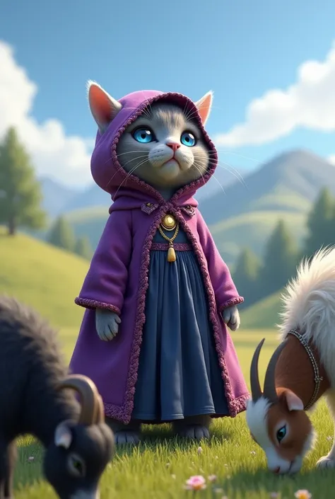 Adult Gray fat british short hair female humanoid cat wearing purple gypsy hoodie long cloak and dark blue long dress inside have blue eyes standing on grass field looking at sky

Black long horn furry fat black goat eating grass and white-brown goat eatin...