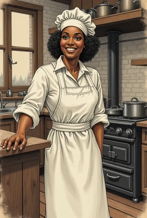 Make a vintage drawing of a black woman cook 