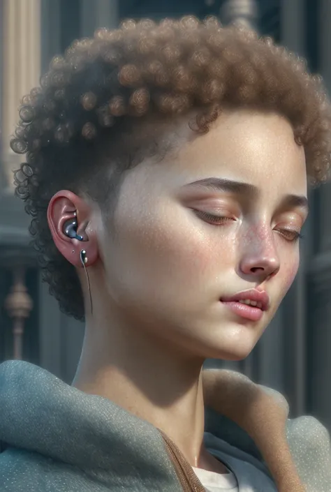 a girl with curly short hair, closed eyes wearing headphones, daydreaming, detailed face, beautiful skin, (best quality,4k,8k,highres,masterpiece:1.2),ultra-detailed,(realistic,photorealistic,photo-realistic:1.37),cinematic lighting,warm color palette,drea...