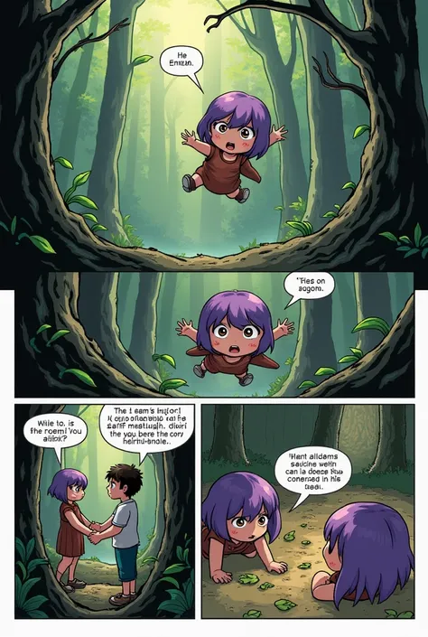 Page 5

Top Panel (Emma Falling in the Forest)

Description: Emma is shown falling through the dense forest. Her small,  figure is mid-air, surrounded by trees and underbrush. Her vibrant purple hair and clothes are in disarray as she tumbles. Her face is ...