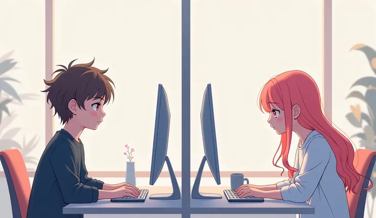 A girl using her computer, a wall dividing the screen in the middle and on the other side a boy also using the computer. Anime version