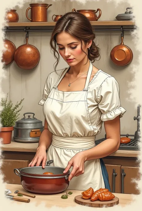 Make a vintage drawing of a woman cook 