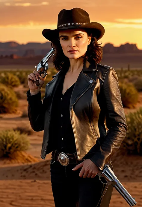 A young woman with dark hair, Rachel Weisz, wearing a cowboy hat and leather jacket, holding a revolver, standing in a desert landscape at sunset, dramatic lighting, cinematic, detailed portrait, photorealistic, highly detailed, 8K, masterpiece