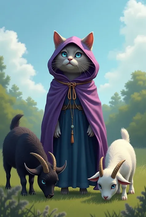 Adult Gray fat british shorthair humanoid female cat wearing purple gypsy hoodie long cloak and dark blue long dress inside have blue eyes standing on grass field looking at sky

Black long horn furry fat black goat eating grass and white-brown goat eating...