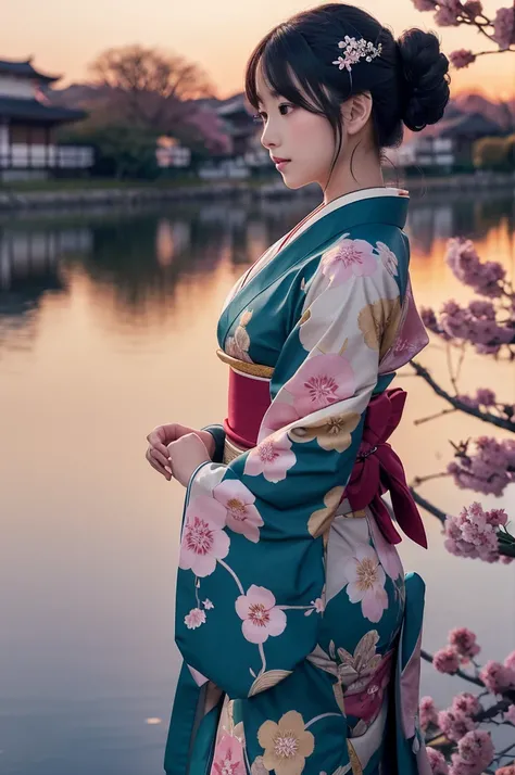 Prompt: A beautiful anime-style Japanese woman wearing a traditional kimono with intricate floral patterns, standing by a serene river during sunset. The colors of her kimono complement the warm hues of the sky. The scenery around her is calm, and cherry b...