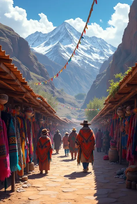 Scene: José takes them to his community in the Sierra. Mountains and traditional festivals are shown, like the Inti Raymi . in a scene, They visit an indigenous market where handicrafts such as ponchos are sold, hats and knitwear.