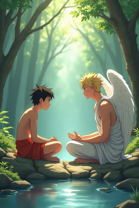 "It depicts Naruto Uzumaki as a 1 boy in anime style, learning the secrets of love from Eros, the Greek god of love. He wears a traditional ancient Greek outfit: a simple cloth skirt tied at the waist, with his torso bare. His athletic build is toned but n...