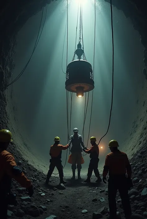 4. On October 13, the miners were successfully extracted one by one in a rescue capsule, showing the rescue capsule emerging from the mine with a miner being pulled out, surrounded by rescue personnel and cameras, the scene illuminated with bright lights, ...