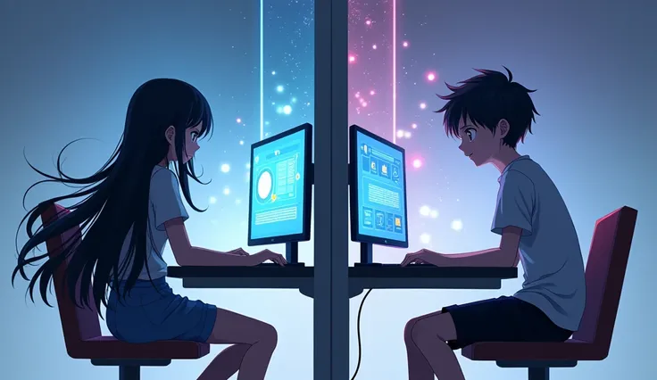 A girl with black hair using her computer, a wall dividing the screen in the middle and on the other side a boy also using the computer. Anime version