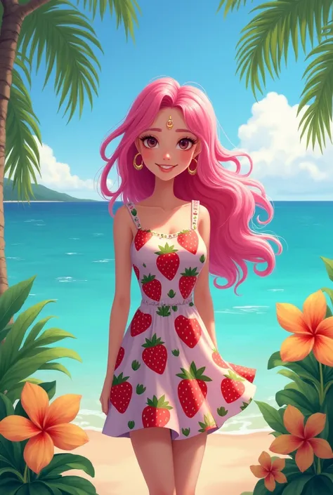 Pink Hair、Plumeria、Hawaii、sea、
Strawberry print clothes、