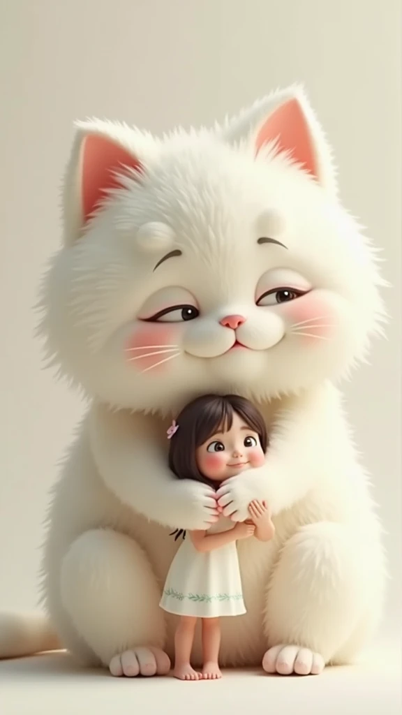 huge white cartoon cat hugging tiny girl, hyperrealism, 4k high definition, max quality, max детализация, close-up