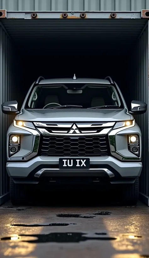 SUV Mitsubishi L200 GLX 2024 coming out of gray freight container with black blur background