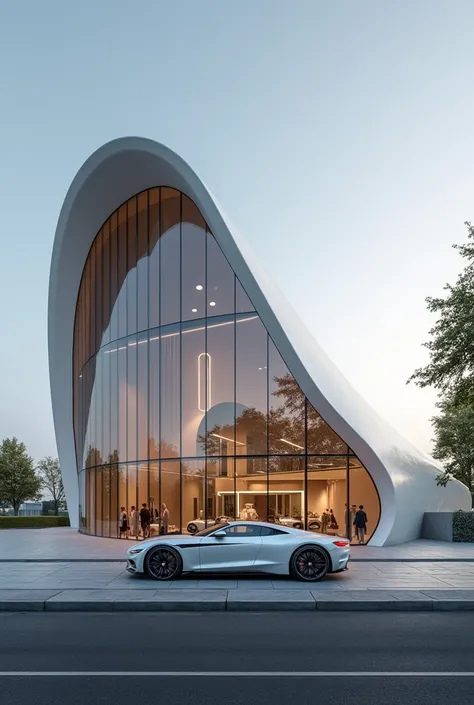 Design a Bentley car dealership that simulates the flight and speed of eagle wings. Use smooth, flowing curves and an ascending roof to evoke a sense of movement.