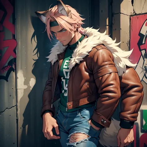 nineteen year old boy, young, teen, detailed face, blushing, bad attitude, brooding, masculine with short beard, ((dark tanned skin)), bulge, short pink blonde hair, ((has wolf ears)), ((has sparkly wolf tail)), bombed out grunge punk graffiti, bulge, wear...