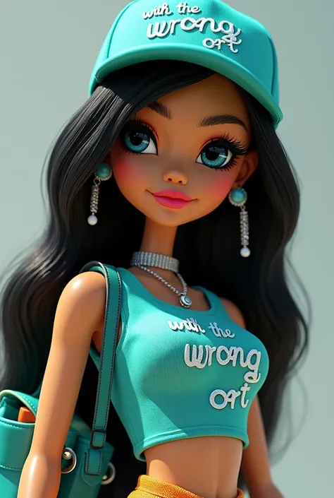 A bratz doll with black hair and light honey-colored skin , He is wearing a turquoise cap that has the word " WITH THE WRONG ORT" and a TURQUOISE top that bears her name "  WITH THE WRONG ORT  " and a sack on the shoulder.
The doll can be seen from the nav...