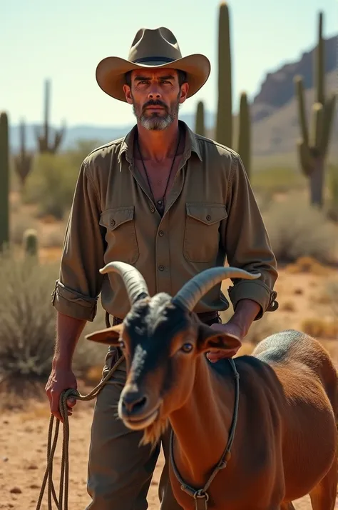 A typical northeastern man, in a leather hat and long sleeve shirt, in a backlands setting with cacti and an arid landscape. He holds a rope tied to a brown goat, smart looking. The sun is strong, creating elongated shadows, and the man&#39;s expression is...