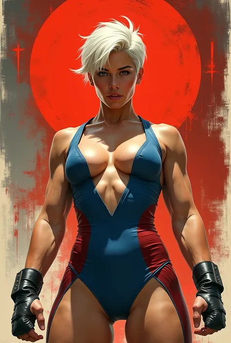 woman , wrestling fighter, Russian fighter costume, short hair, white hair,  is standing, bottom view, poster style, Greek God Power Pose, inspired by j.c leyendecker