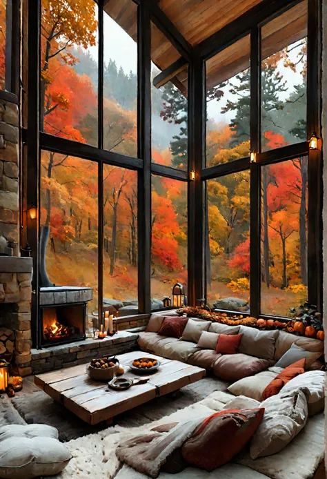 The image depicts a cozy and inviting living room with a stunning autumnal view. Large windows offer panoramic views of a forest ablaze with vibrant colors of red, orange, and yellow. A wood-burning stove sits centrally in the room, casting a warm glow and...