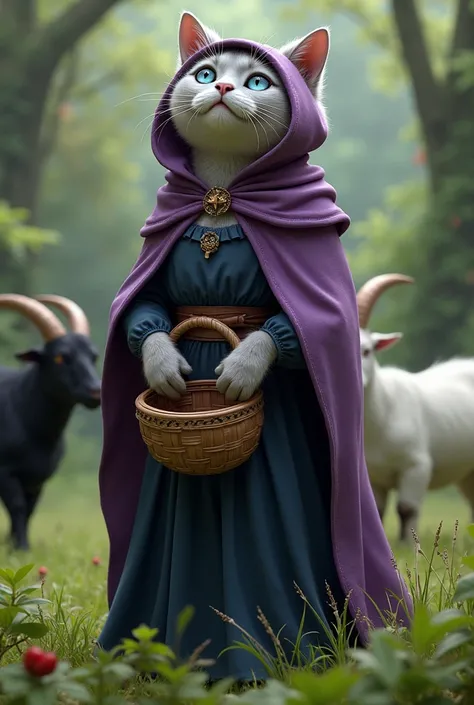 Adult Gray fat british shorthair humanoid female cat wearing purple gypsy hoodie long cloak and dark blue long dress inside have blue eyes wood basket in hand standing on grass field looking at sky

Black long horn furry fat black goat eating grass and whi...