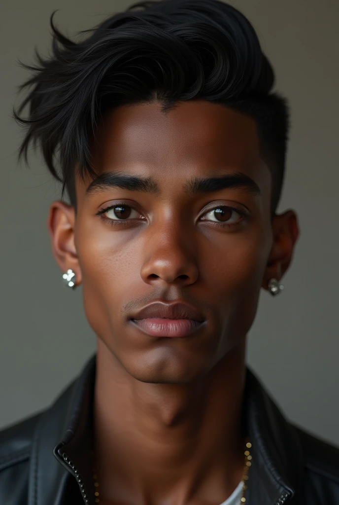 (photorealism:1.2), beautiful boy 1,  black skin
, Brunette, low fade haircut, black and straight hair color, elongated face, black eyes, thick eyebrows, long eyelashes, shiny earrings