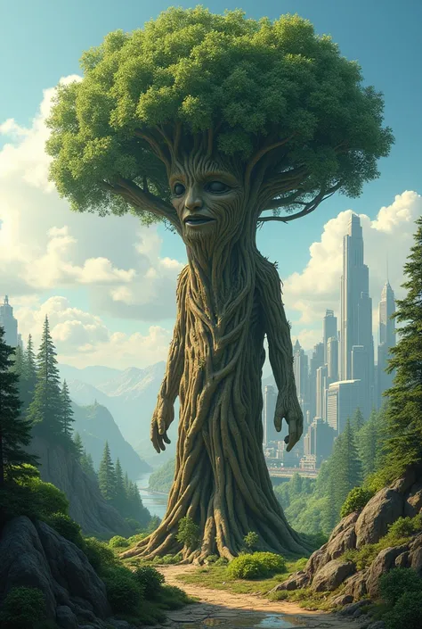 make a tree man in the center representing biocentrism. At the background of the tree make a half nature and a half  advanced civilization