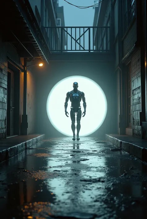 ((work of art, the highest quality, better image quality, high resolution, <xml><input>realistic</input></xml>, RAW photos, 8k, Highly detailed CG synthesis 8k wallpaper)), (Create the Terminator arriving naked and crouching in a sphere of light in an alle...