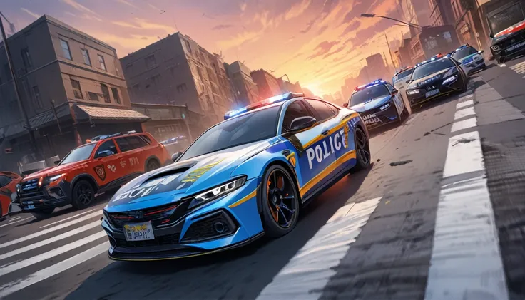 score up_9,score up_8,score up_7,source_anime,masterpiece,best quality,hyper detailed,super fine illustration,8k,many police car,dynamic angle,front view,sunset,