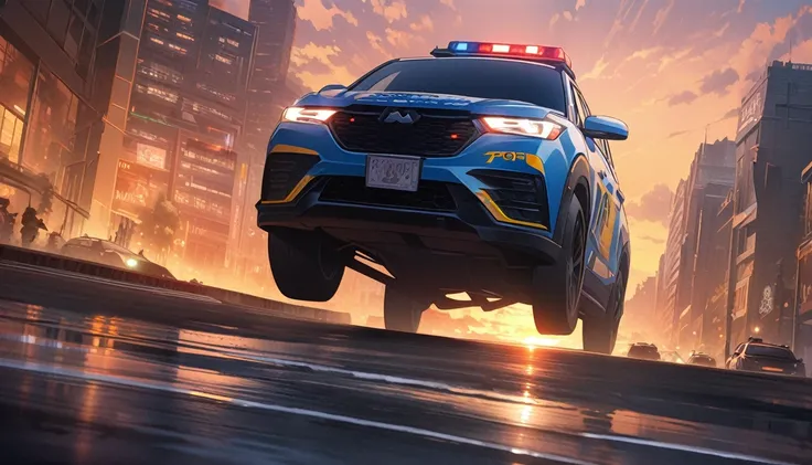 score up_9,score up_8,score up_7,source_anime,masterpiece,best quality,hyper detailed,super fine illustration,8k,many police car,dynamic angle,front view,sunset,