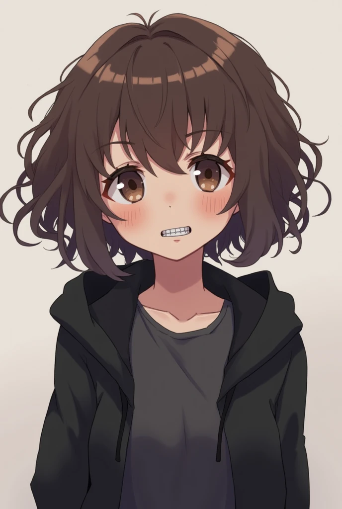 confused anime girl with short curly brown hair, brown eyes, and a dark gray t-shirt with a black hoodie, wearing braces