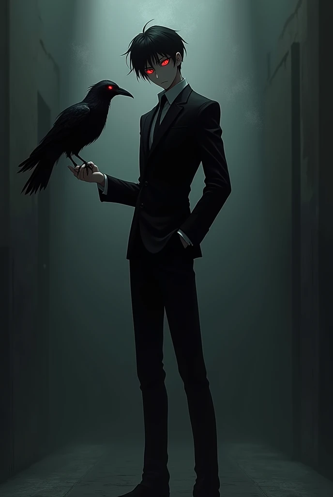 A crazy psychopath style character who looks like an anime man with black hair, a crow in his hand and red eyes in a black suit and dark pants and black shoes. 