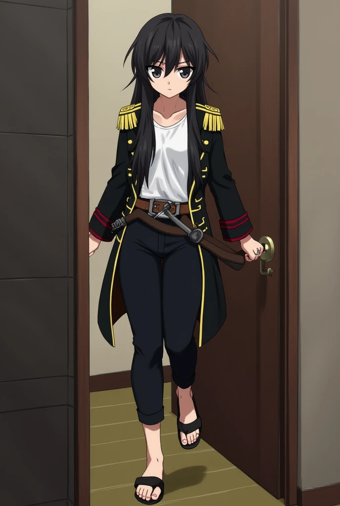 Tashigi emerges from the captain&#39;s room wearing a typical black pirate captain&#39;s jacket with the Jolly Rogers on its shoulder pads torn off.. He also wears a simple white shirt under his jacket and black pants that reach his knees.. Wear classic st...