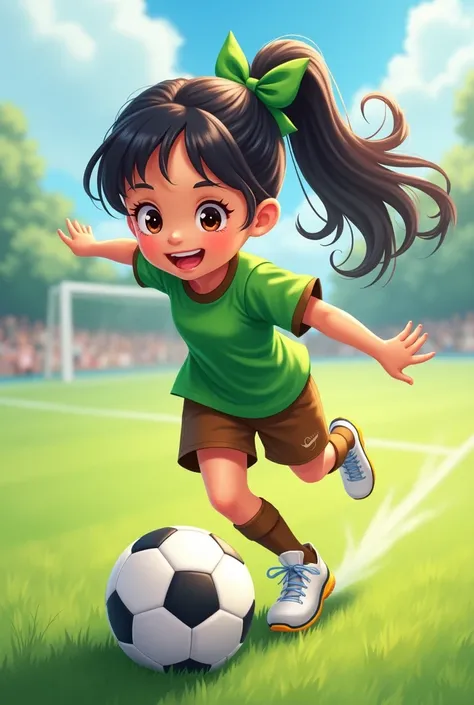 Cute lively sporty girl with soccer ball wearing green uniform with brown shirt and shorts, brown tender eyes, black hair with ponytail and a green bow, white shoes 