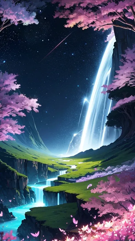 /imagine prompt: Viral anime nature wallpaper in 4K quality, in the style of digital illustration inspired by Satoshi Kon, depicting a dreamlike garden with floating islands, waterfalls cascading down, and glowing butterflies; surreal and vibrant color tem...