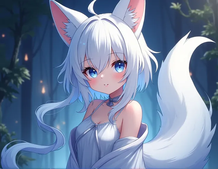 create an anime character this way: white haired, blue eyes, Light skin, with ears, white wolf teeth and tail