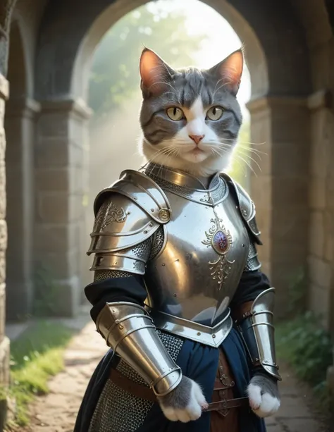 A ((cat-woman, beautiful, grey fur, white fur, persian)), looking at viewer, detailed fur, wearing a detailed medieval knight steel battle armor, standing on guard, god rays, battle field lots of details