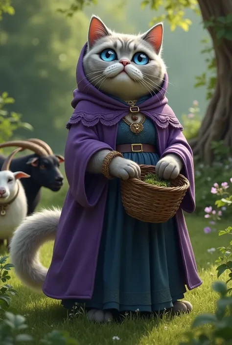 Adult Gray fat british shorthair humanoid female cat wearing purple gypsy hoodie long cloak and dark blue long dress inside have blue eyes wood basket in hand standing on grass field looking at sky

Black long horn furry fat black goat eating grass and whi...