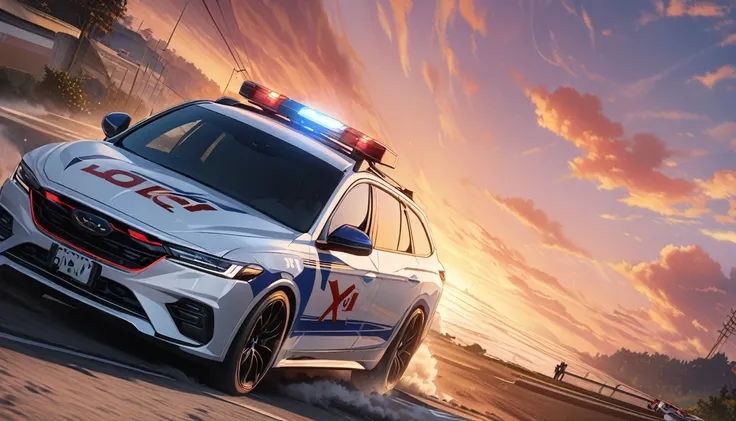 score up_9,score up_8,score up_7,source_anime,masterpiece,best quality,hyper detailed,super fine illustration,8k,police car,marked on whitecat,dynamic angle,front view,sunset,