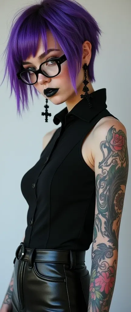 Girl with short purple hair with glasses and black painted lips, with black sleeveless shirt, with black cross earrings, black latex pants, tattooed