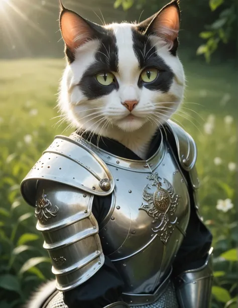 A ((cat-woman, beautiful, black fur, white fur, persian)), looking at viewer, detailed fur, wearing a detailed medieval knight steel battle armor, standing on guard, god rays, battle field lots of details