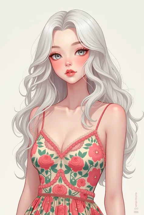 A 1 Greek female 2d character for the manhwa lookism, with white complexion; White-haired girl with long, soft curly hair; with super clear silver eyes to the point that they look white. She has a very tender and sweet face.. Your eyes are quite expressive...